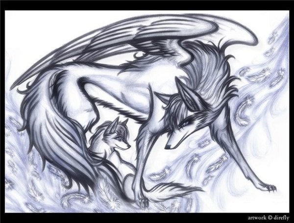Дракон и волк в карандаше