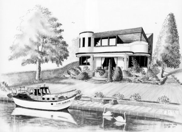 Домик на берегу моря карандашом