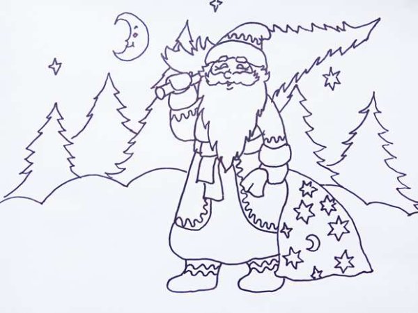 Дед Мороз в лесу раскраска