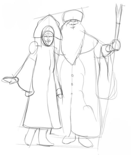 Поэтапное рисование Деда Мороза и Снегурочки