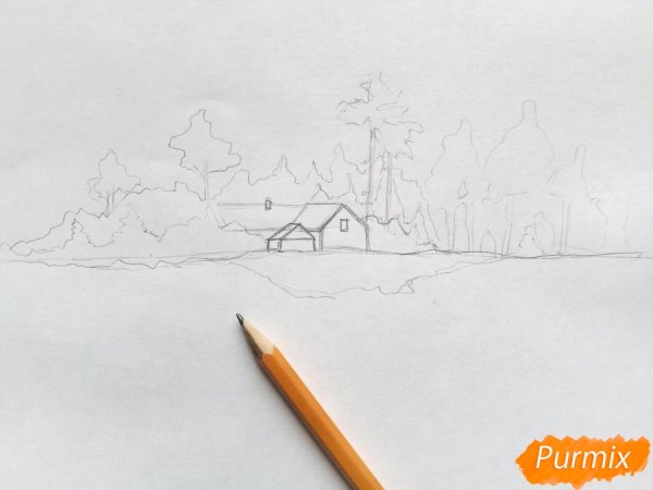 Зимний пейзаж карандашом легкий