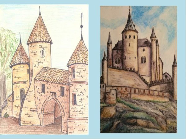 Замок в романском стиле карандашом