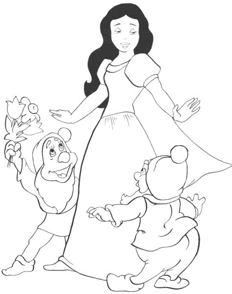Иллюстрация к сказке Белоснежка и семь гномов раскраска