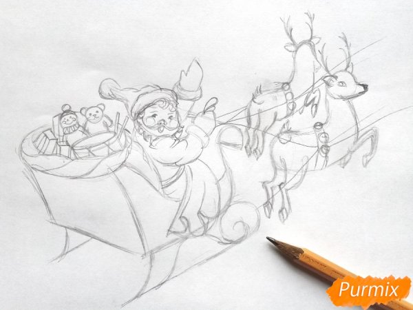 Дед Мороз на оленях в карандаше