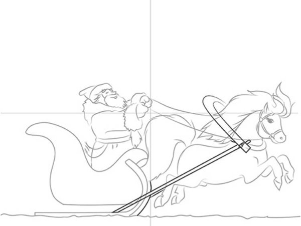 Дед Мороз на санях карандашом