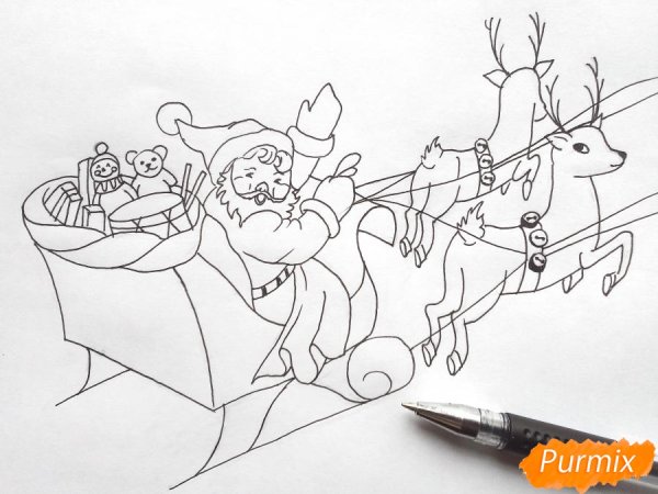 Дед Мороз на санях карандашом
