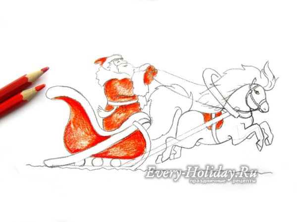 Рисунок дед Мороз на санях с лошадьми