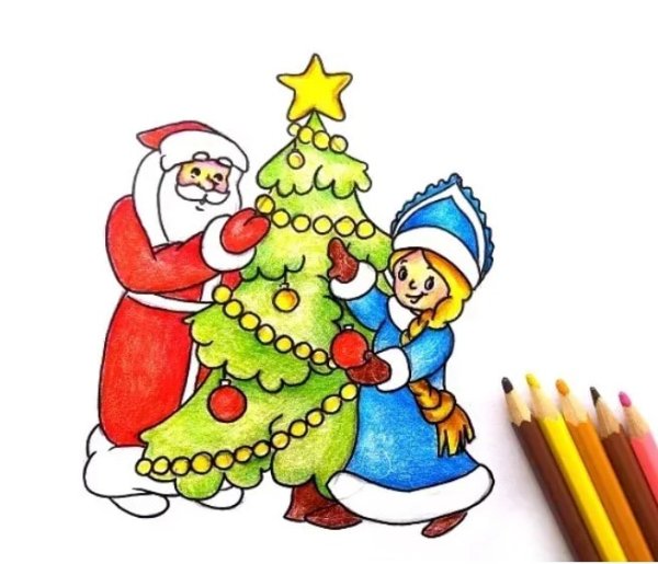 Дед Мороз Снегурочка и елка рисунок