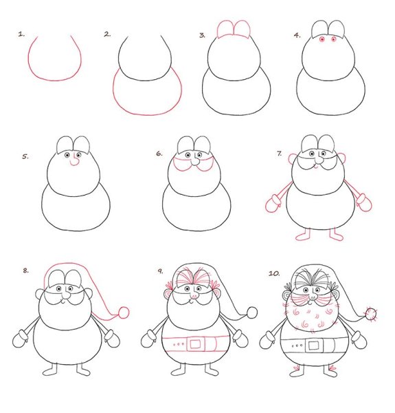 Поэтапное рисование Деда Мороза