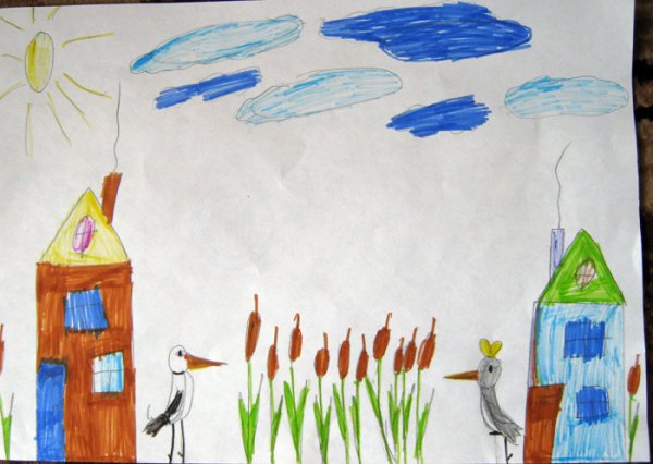 Детский рисунок к сказке журавль и цапля