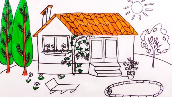 Нарисовать дворик с домом