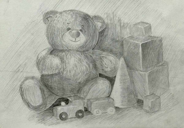Натюрморт с мягкой игрушкой карандашом