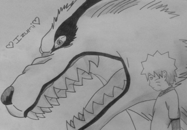 Наруто и курама карандашом