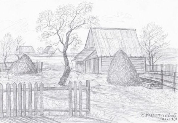 Осенний пейзаж карандашом