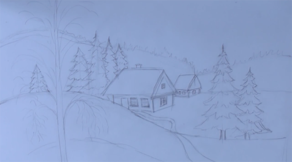 Зимнее утро рисунок карандашом