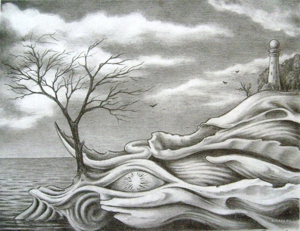 Фантастический пейзаж карандашом