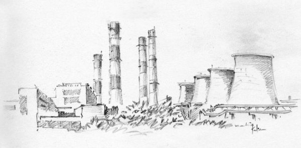 Индустриальный пейзаж карандашом