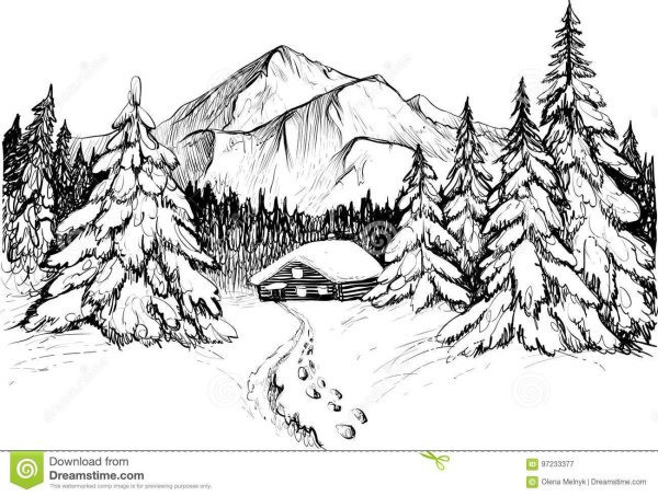 Зимний пейзаж карандашом горы