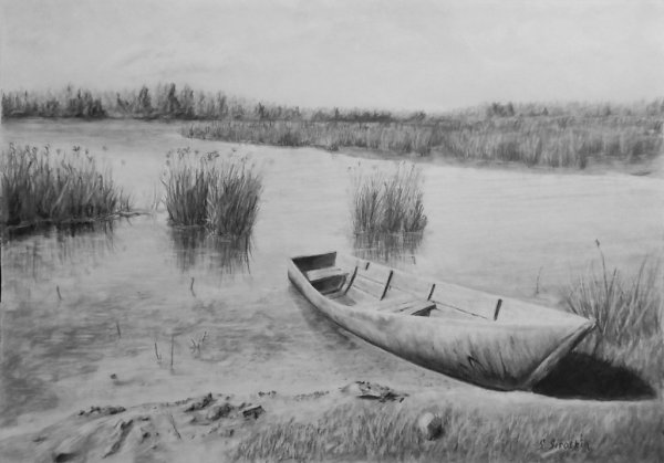 Речной пейзаж карандашом