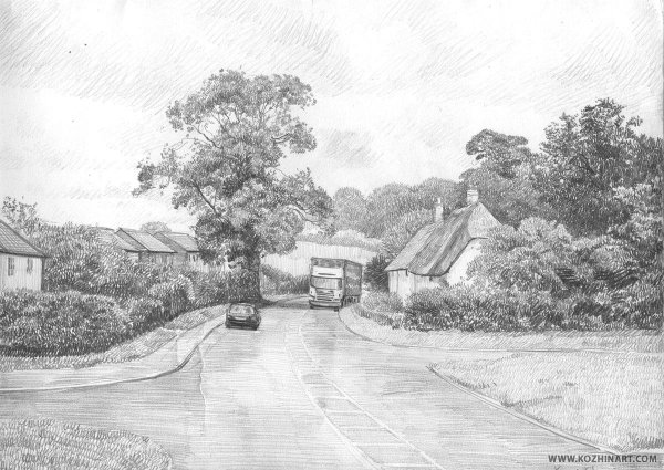 Пейзаж деревни карандашом