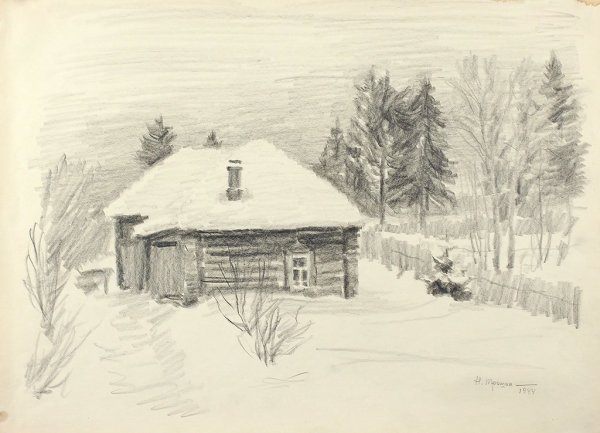 Зимний дом карандашом