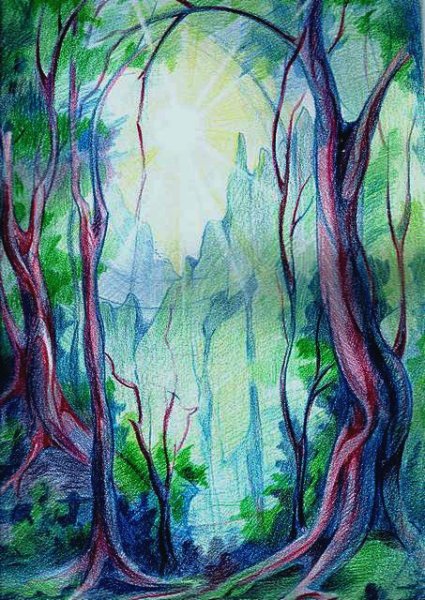 Пейзажи карандашами цветными лес