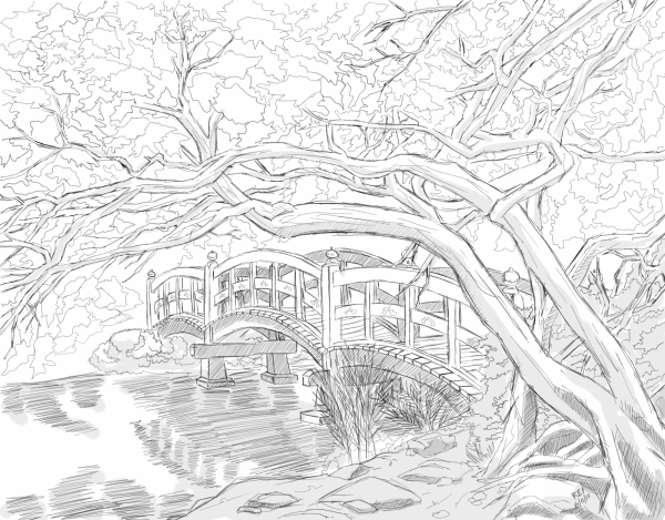 Японская живопись тушью пагода