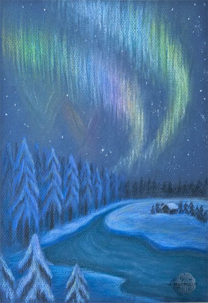 Рисование Северное сияние восковыми мелками