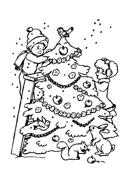 Раскраска дети вокруг елки для детей