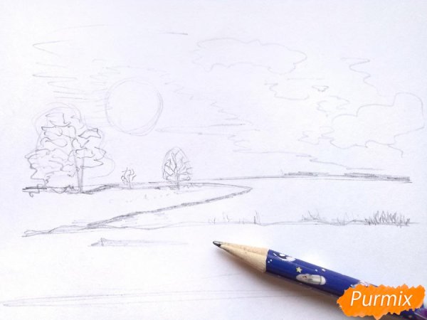 Зимний пейзаж карандашом для детей