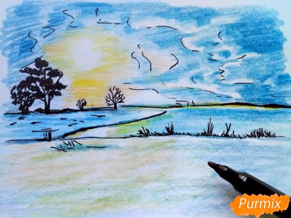 Зимний пейзаж гуашью