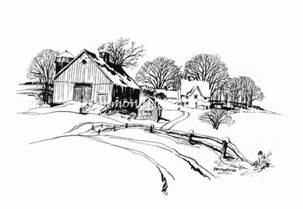 Пейзаж зимы карандашом