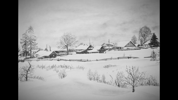 Деревенский пейзаж карандашом