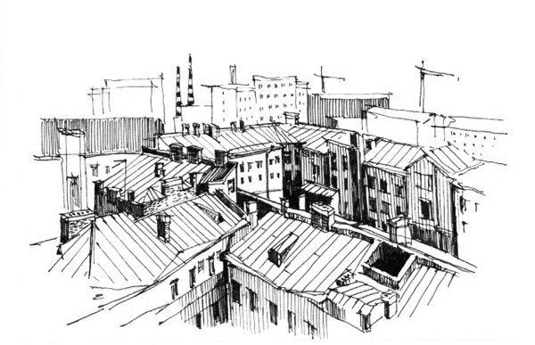 Крыши домов карандашом