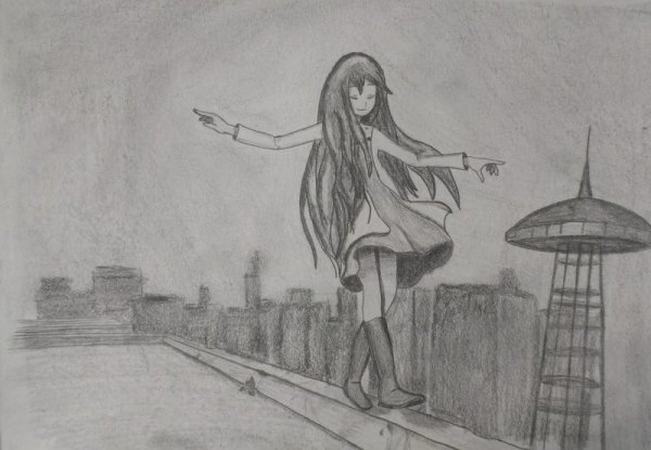 Девушка в городе карандашом