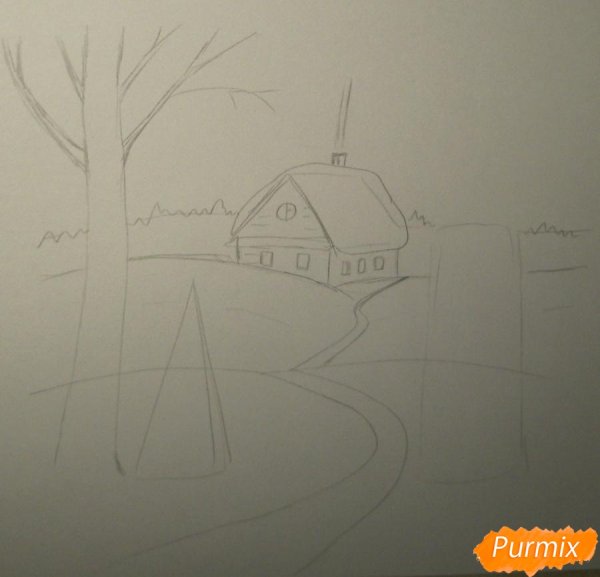 Зимний пейзаж карандашами пошагово