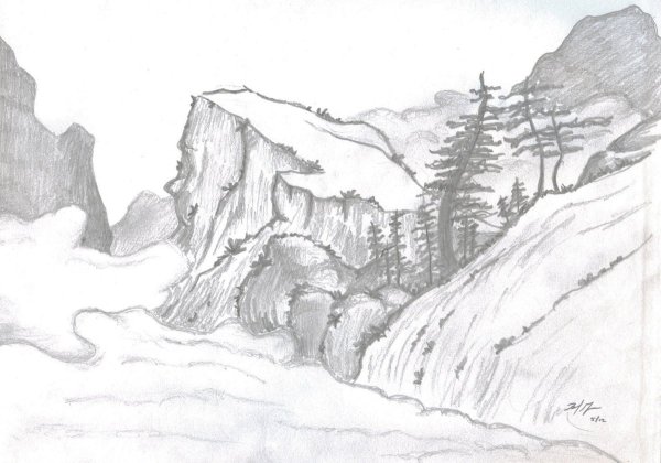 Горный пейзаж карандашом