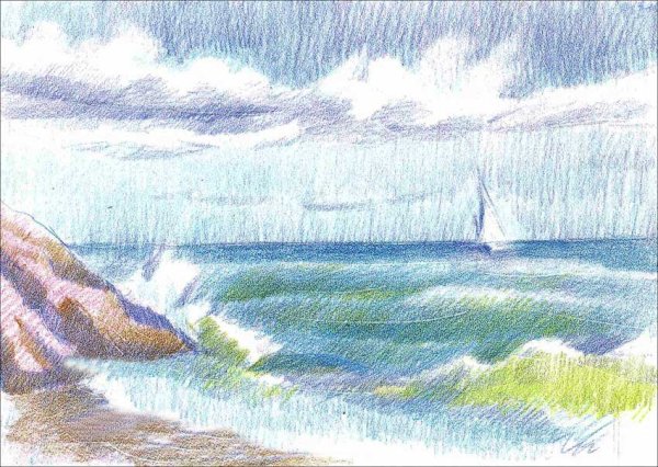 Море цветными карандашами