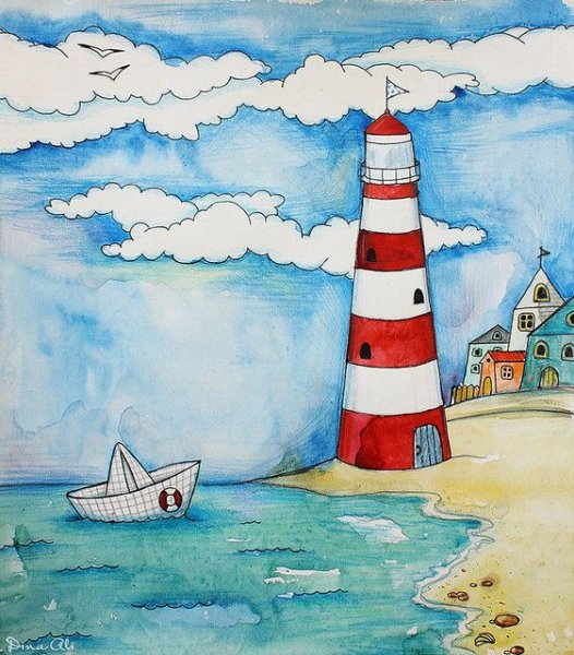 Морской пейзаж цветными карандашами