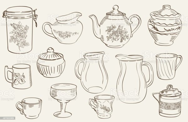 Посуда в одном стиле рисунок