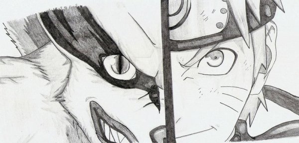 Наруто и курама черно белый