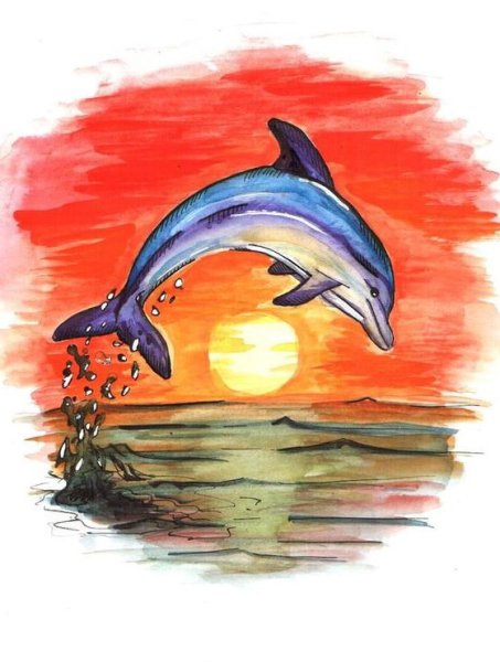 Дельфины акварелью