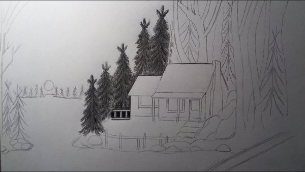 Домик в лесу карандашом
