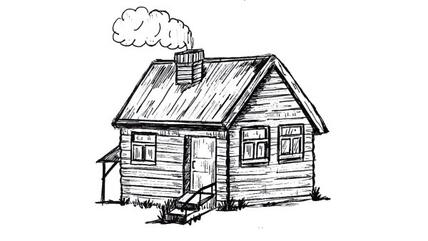 Поэтапное рисование домика в деревне