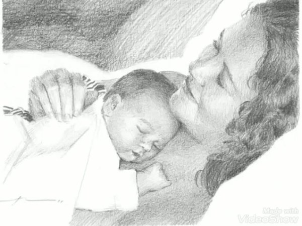 Мама с младенцем карандашом