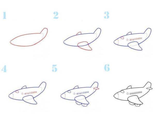 Поэтапное рисование самолета для детей
