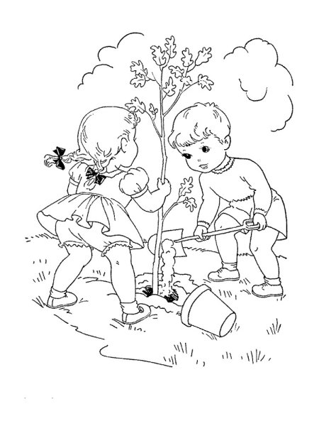Дети сажают деревья раскраски для детей