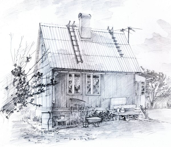 Деревенский дом в графике