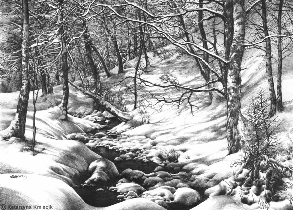 Зимний лес рисунок карандашом