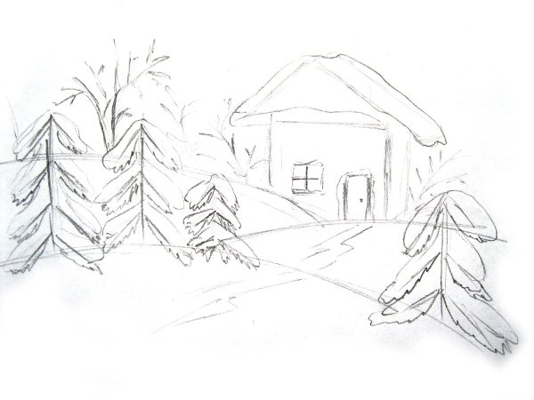 Зимний пейзаж простым карандашом
